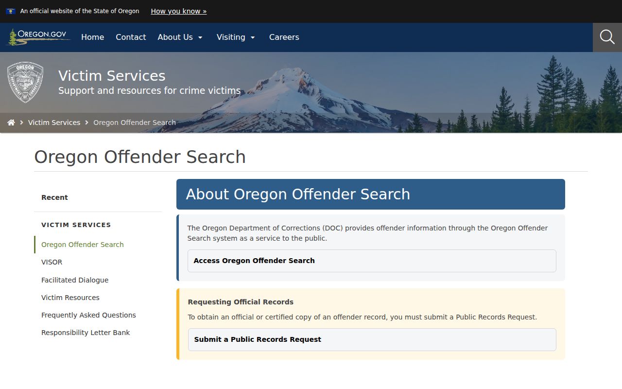 Oregon DOC offender search and official record request explanation
