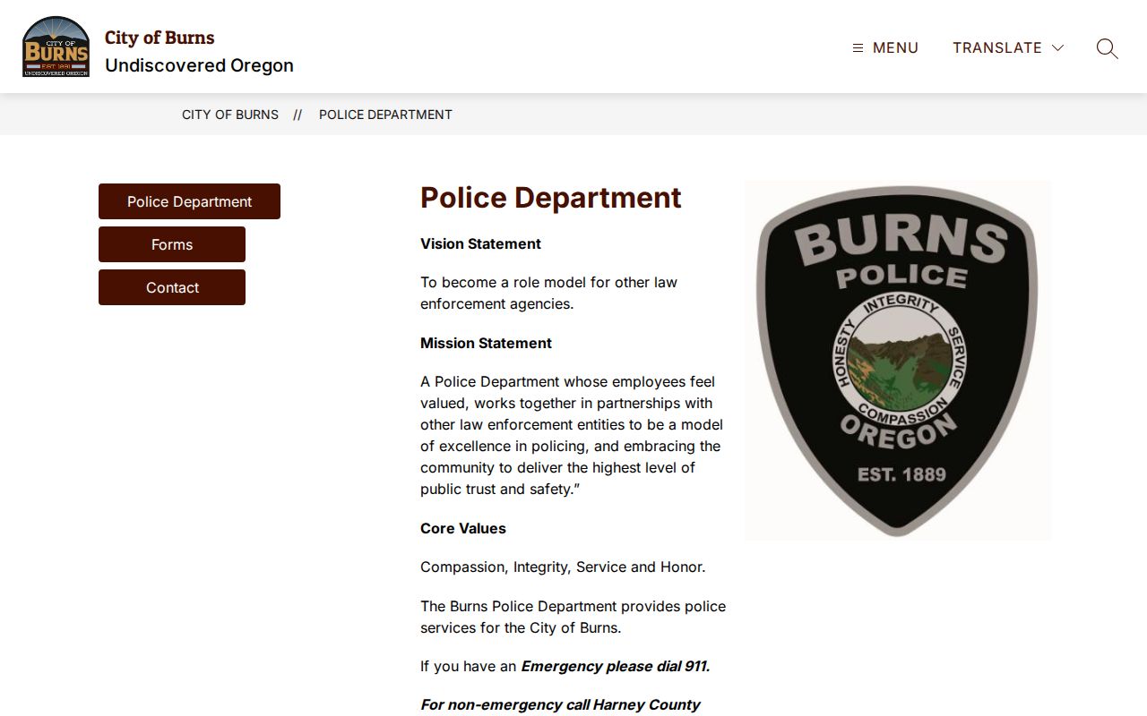 Official Burns Police Department contact page for arrest report requests