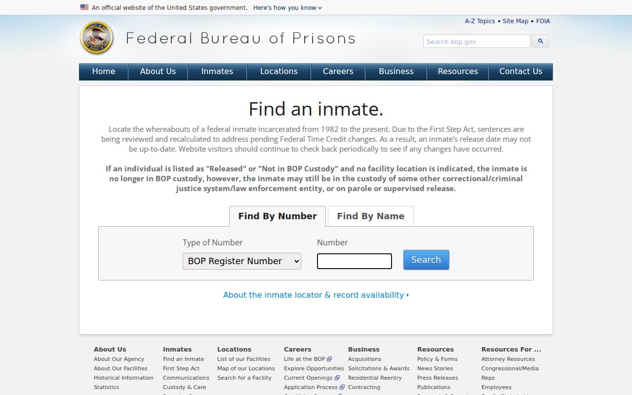Federal Bureau of Prisons inmate locator search screen