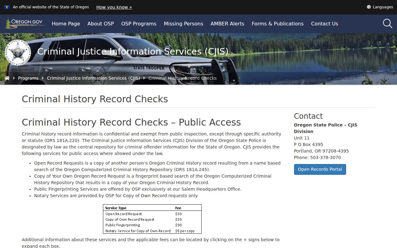 Harney County criminal history options from Oregon State Police